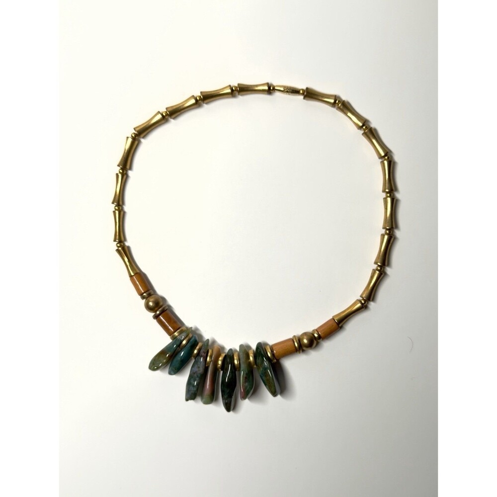Chunky Gold Tone Bamboo Bead Necklace with Green & Brown Stone Fashion Jewelry